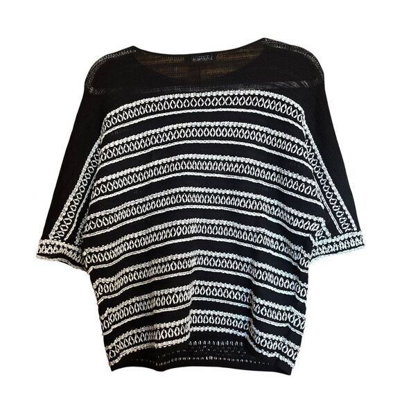 NIC+ZOE Sweater Top Petite Medium Black White Knit Stripe Pullover Linen Blend - Picture 6 of 9